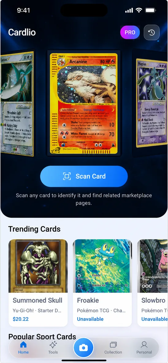Cardlio home screen showing card scanning and trending cards